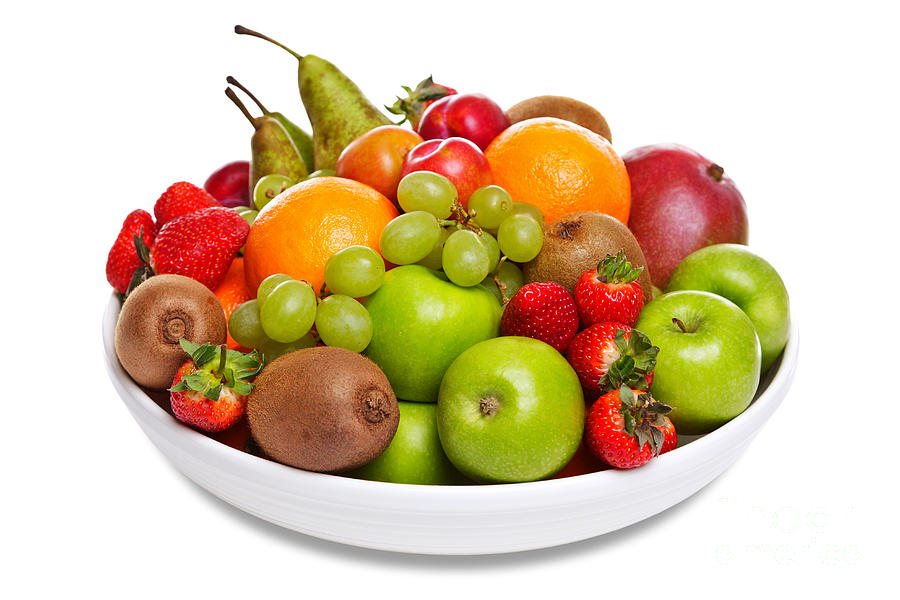 Apple Photograph - Bowl of fresh fruit isolated on white by Richard Thomas