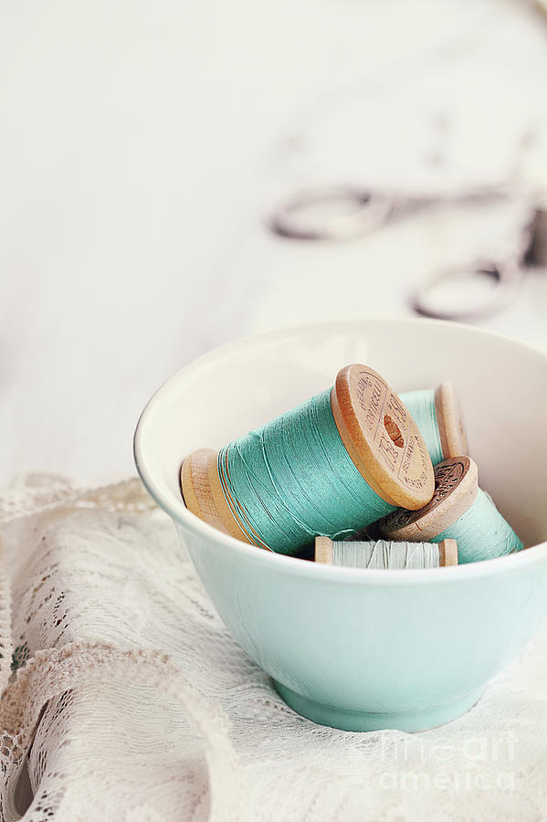 Bowl of Vintage Spools of Thread Photograph by Stephanie Frey