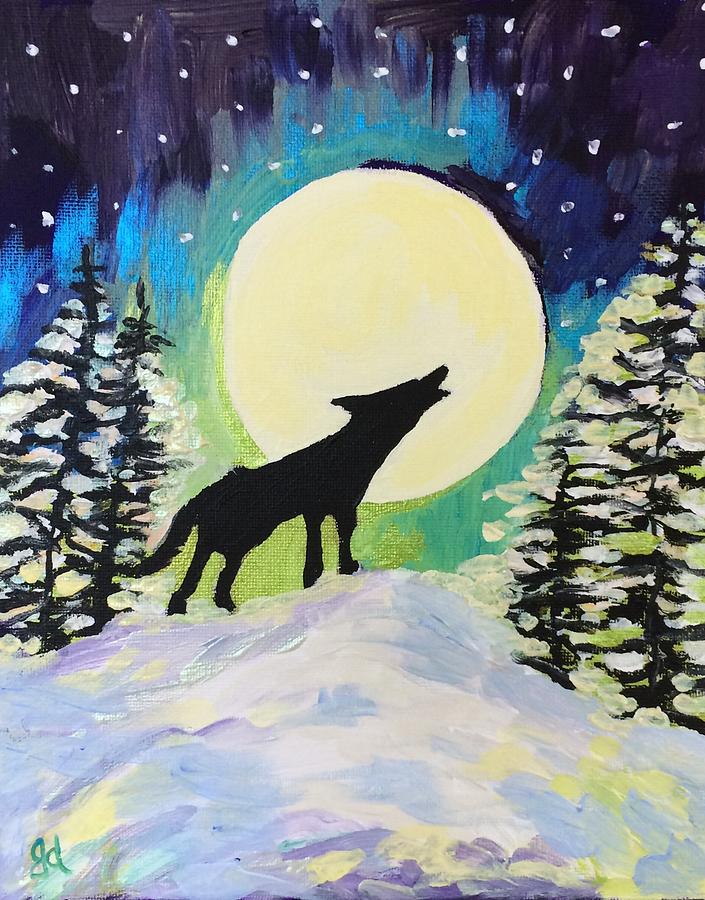 Howling  at the Winter Moon Painting by Judy Dimentberg
