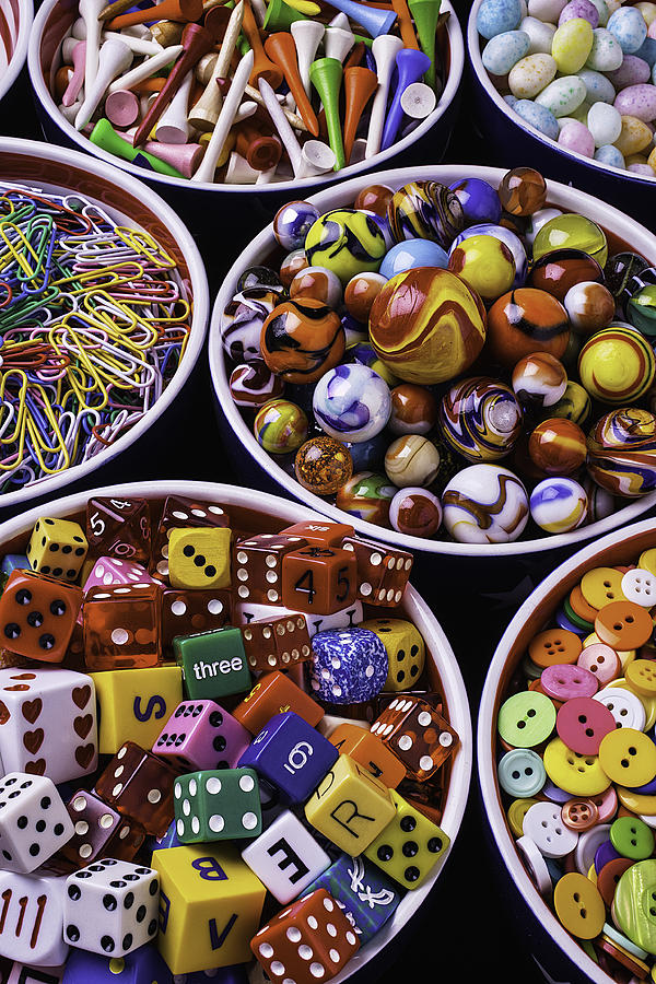 Bowl Photograph - Bowls Full Of Marbles And Dice by Garry Gay