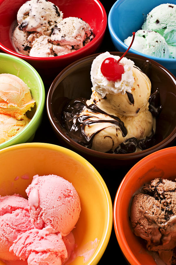 Bowl Photograph - Bowls of different flavor ice creams by Garry Gay