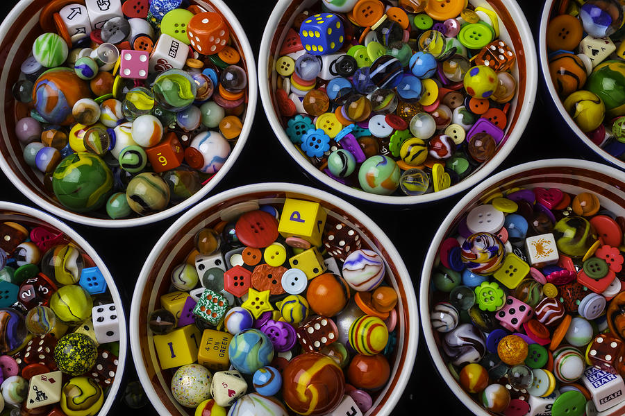 Bowls Of Marbles Dice And Buttons Photograph by Garry Gay