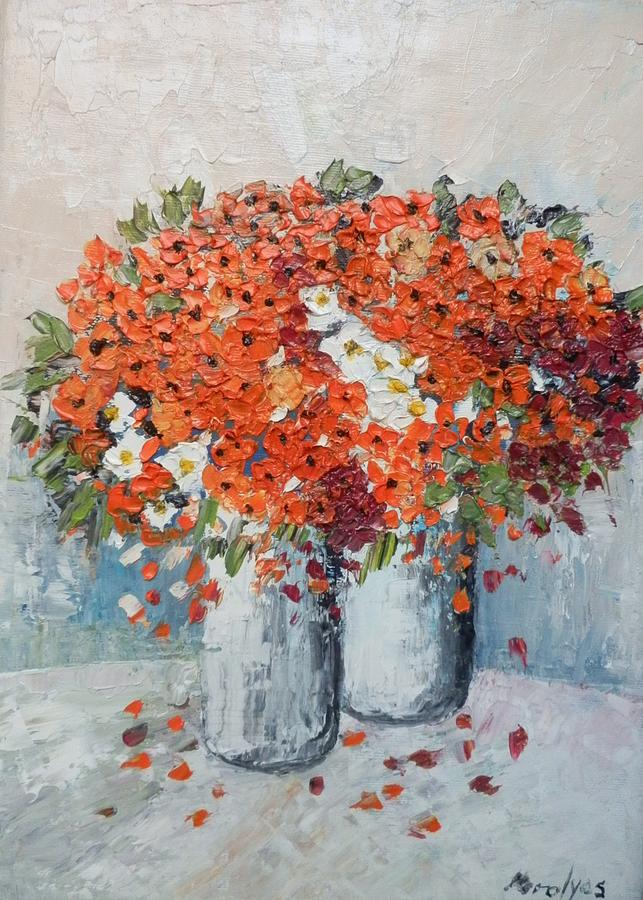 Bowls with red flowers Painting by Maria Karalyos | Fine Art America