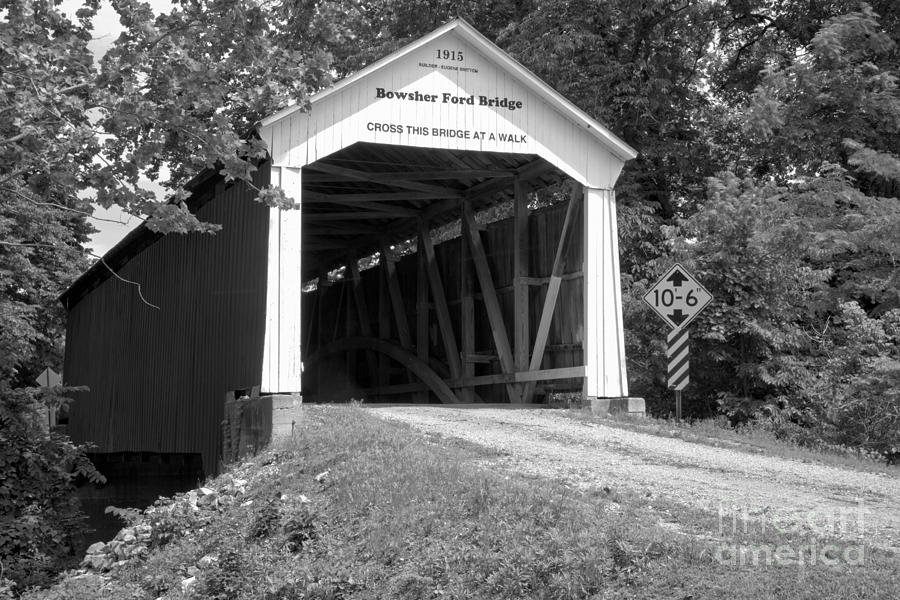 Bowsher Ford Covered Bridge Black And White Photograph by Adam Jewell