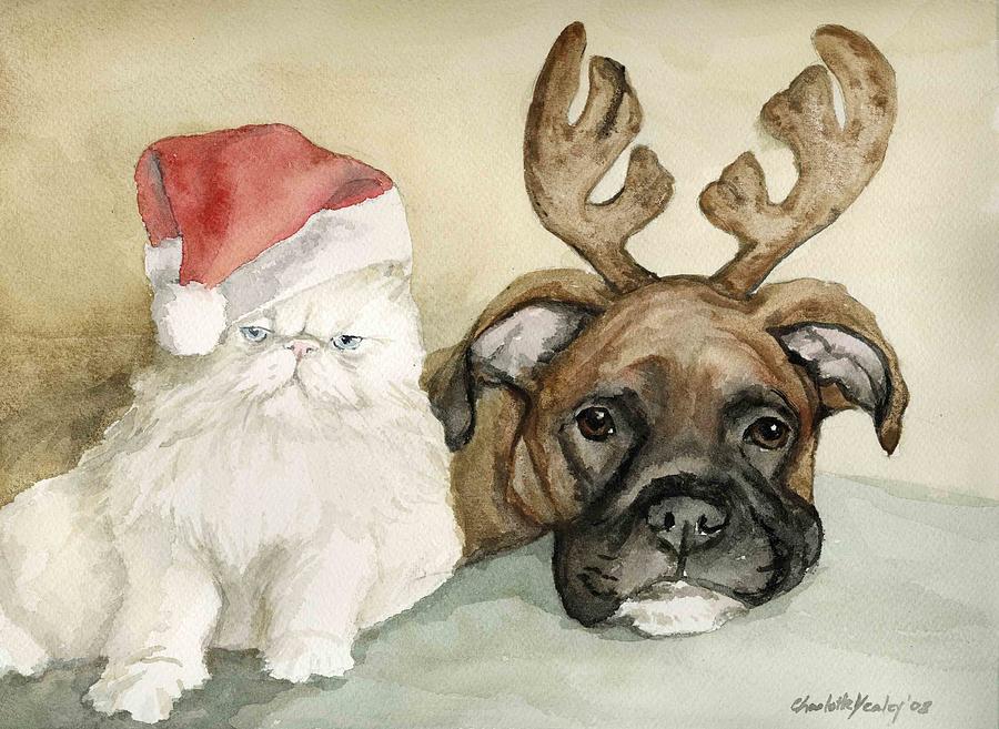 Boxer and Persian Cat Christmas Painting by Charlotte Yealey