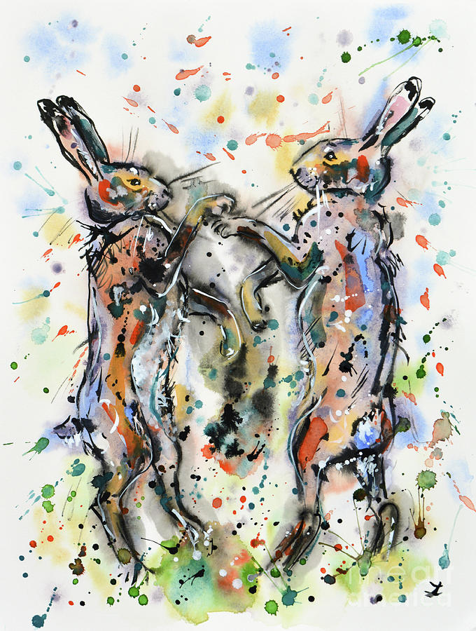 Boxing Hares Painting by Zaira Dzhaubaeva
