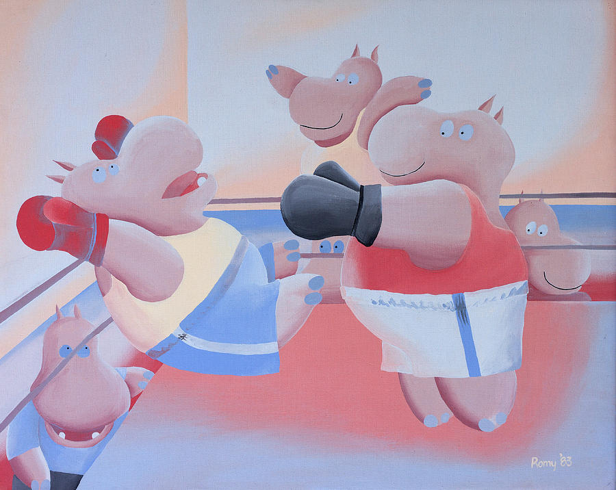 Humorous Painting - Boxing hippos by Romy Muirhead