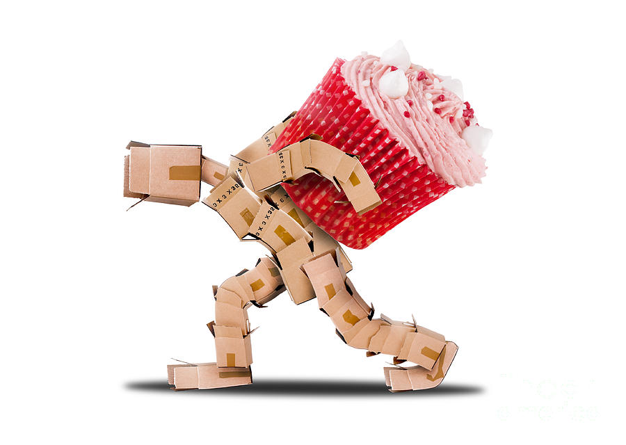 Box character carrying a massive cupcake Digital Art by Simon Bratt