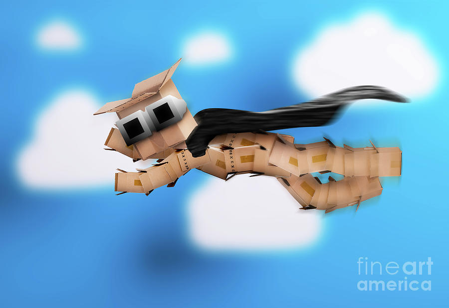 Box character hero flying up in the clouds Digital Art by Simon Bratt