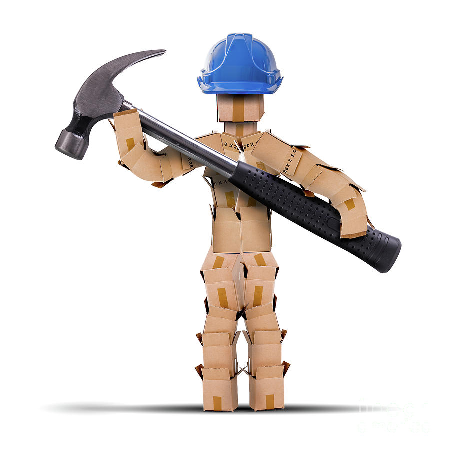 Box character worker holding a hammer Digital Art by Simon Bratt
