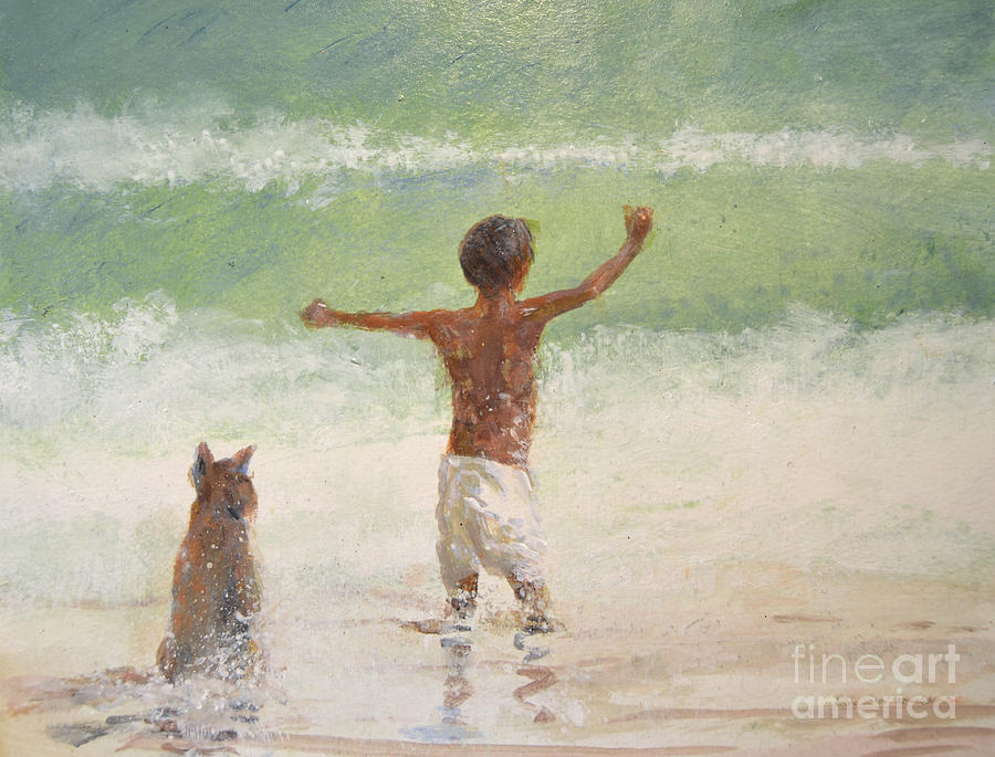 Beach Painting - Boy and Dog, Lifeguard by Lincoln Seligman