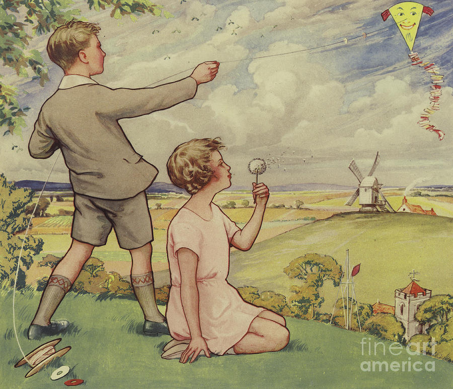 Landscape Painting - Boy and girl flying a kite by English School