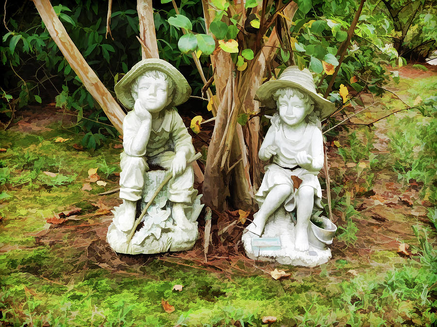 Boy and girl sitting in small garden Painting by Jeelan Clark