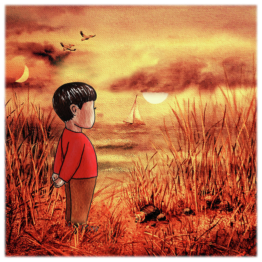 Boy And The Ocean At Sunset Painting by Irina Sztukowski