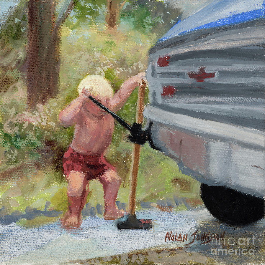 Boy Attempts To Jack Up Truck by Marilyn Nolan-Johnson Painting by Marilyn Nolan-Johnson