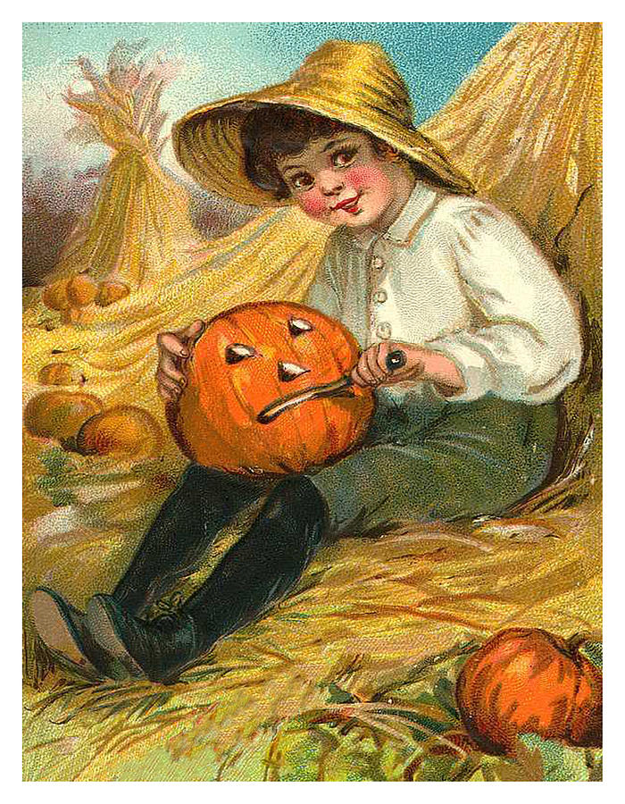 Boy carving a pumpkin Mixed Media by Long Shot