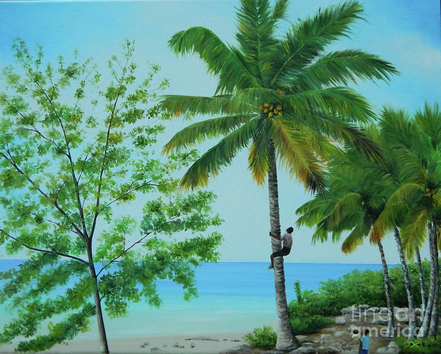 Boy Climbing Coconut Tree Painting by Kenneth Harris