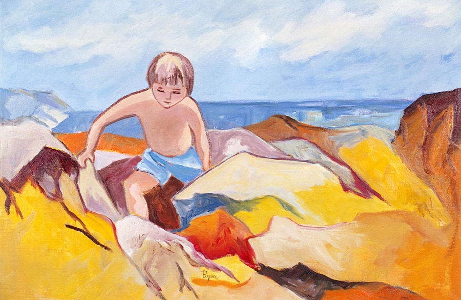 Boy Climbing Rocks at Seashore Painting by Betty Pieper