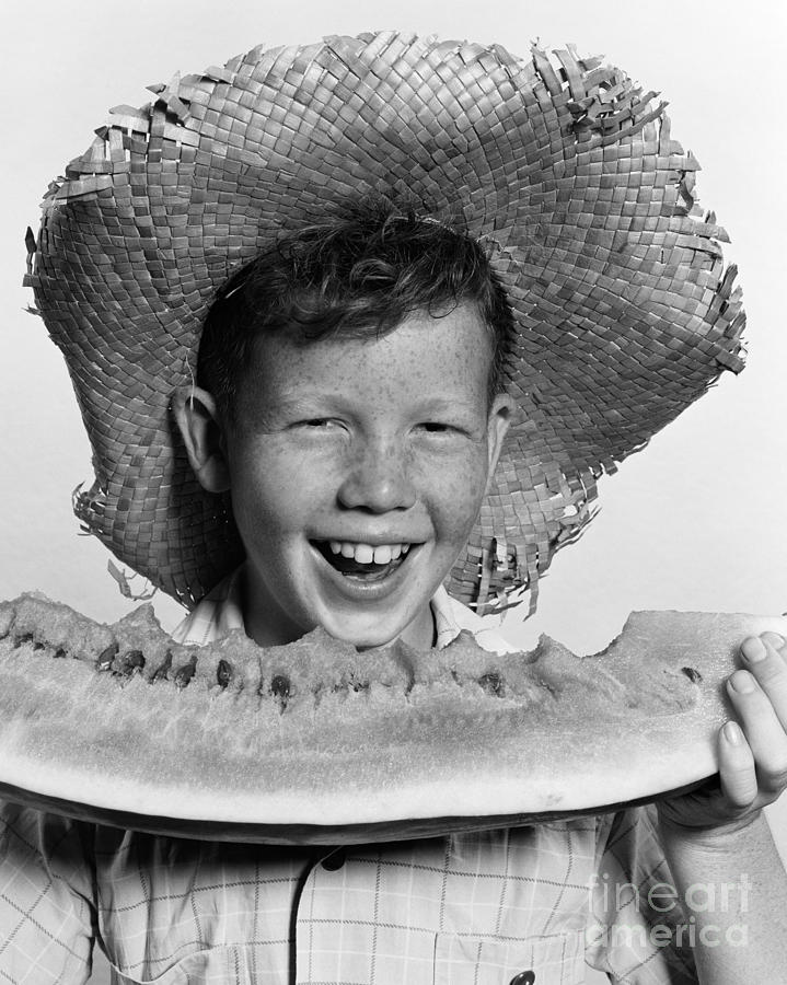 Hat Photograph - Boy Eating Watermelon, C.1940-50s by H. Armstrong Roberts/ClassicStock