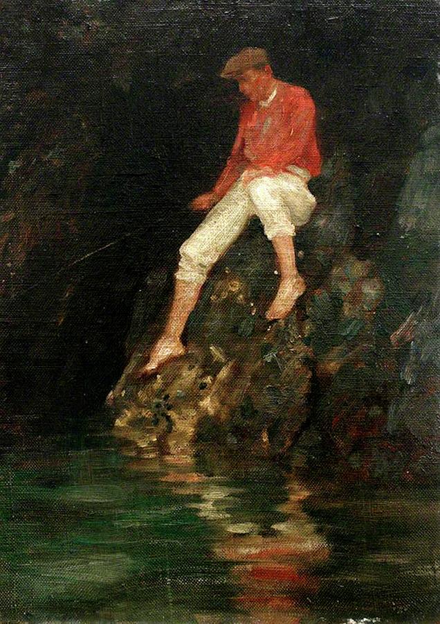 Boy Fishing On Rocks Painting