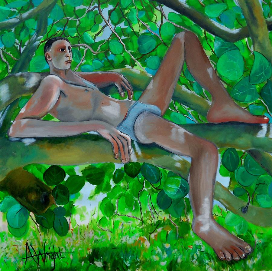 Boy in a tree Painting by Angie Wright