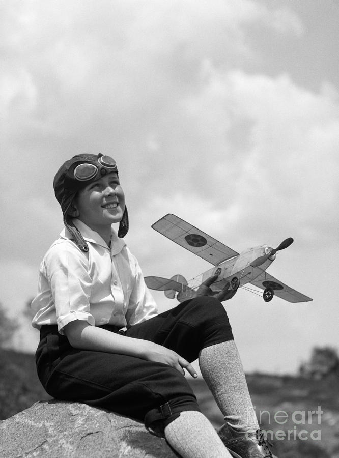 Boy In Aviator Cap With Model Plane Photograph by H. Armstrong Roberts/ClassicStock