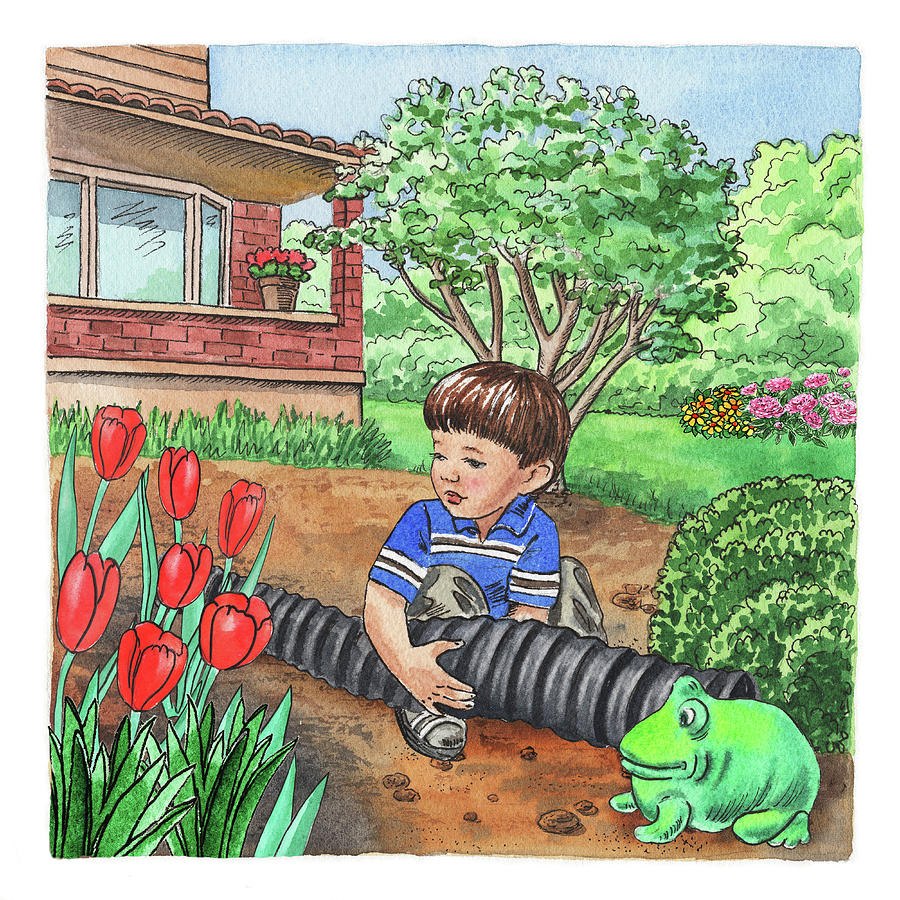 Tulip Painting - Boy In The Garden Helping Parents by Irina Sztukowski
