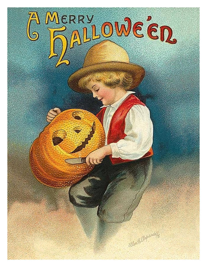 Boy is carving a pumpkin Mixed Media by Long Shot