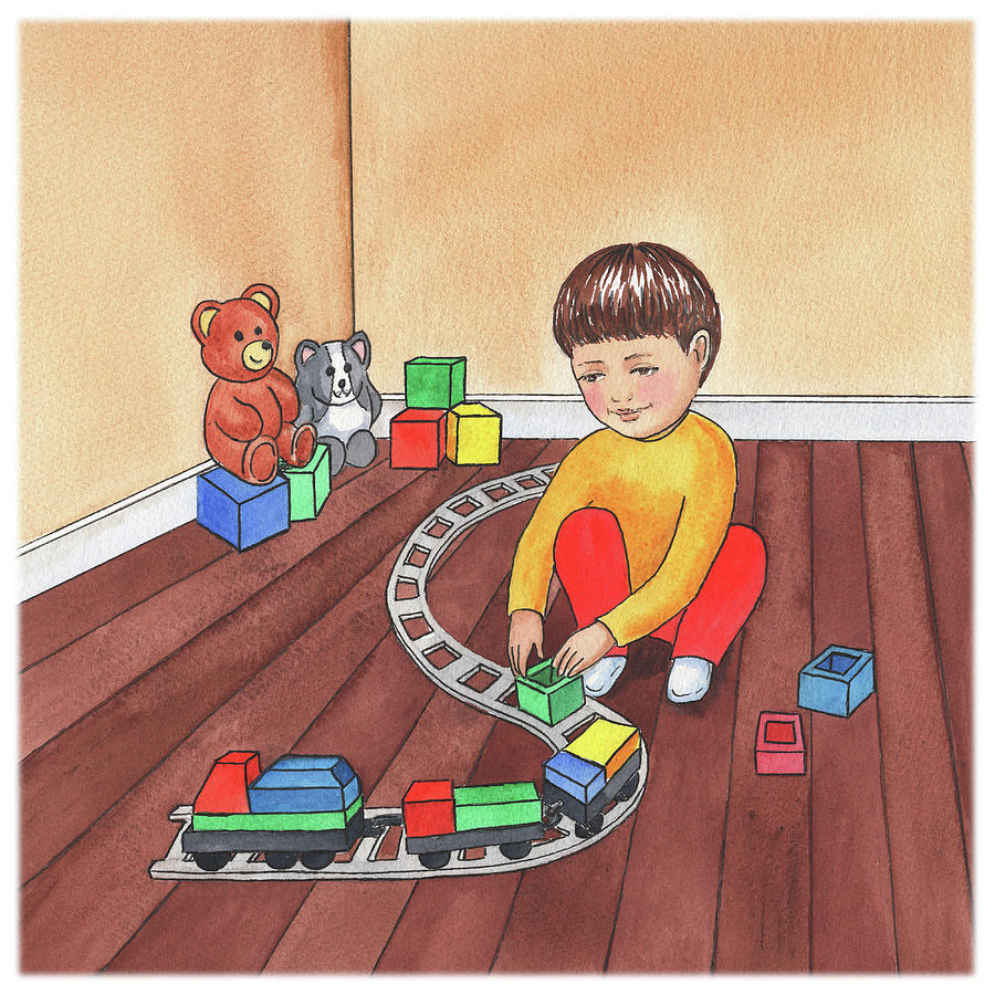 Boy Is Playing With Train Painting by Irina Sztukowski