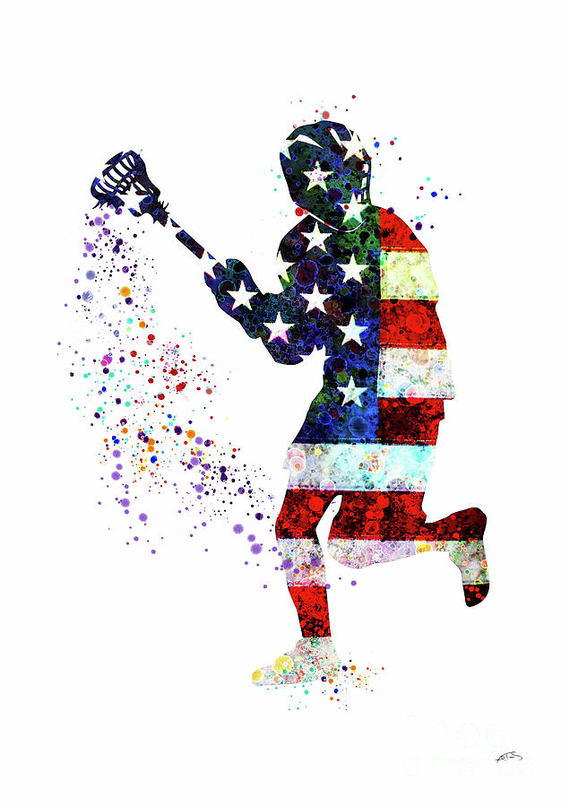 Boy Lacrosse Player Sports Print Flag of the United States Watercolor Print Boys Lacrosse Art Digital Art by White Lotus