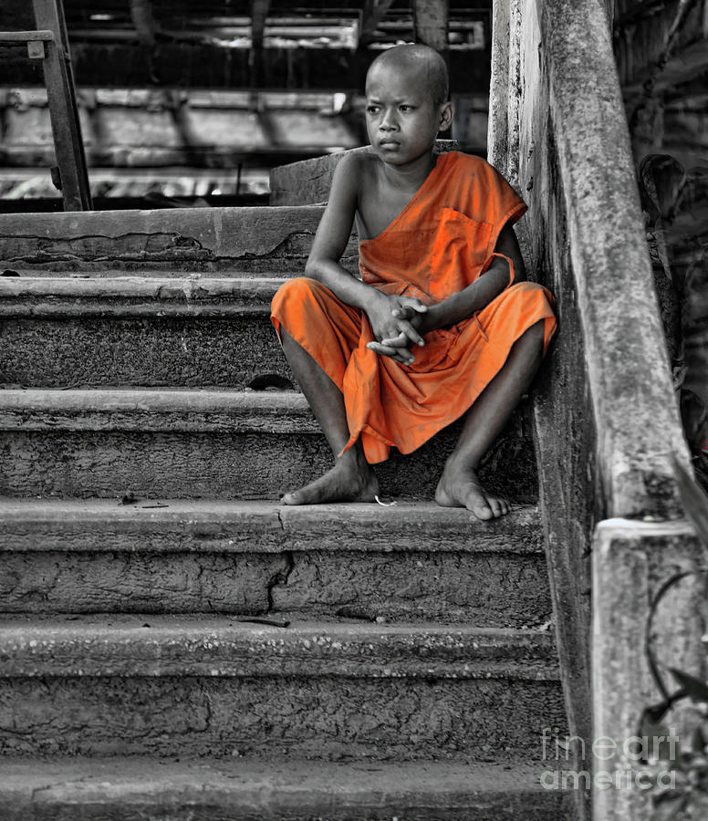 Boy Monk  Black White Orange Photograph by Chuck Kuhn
