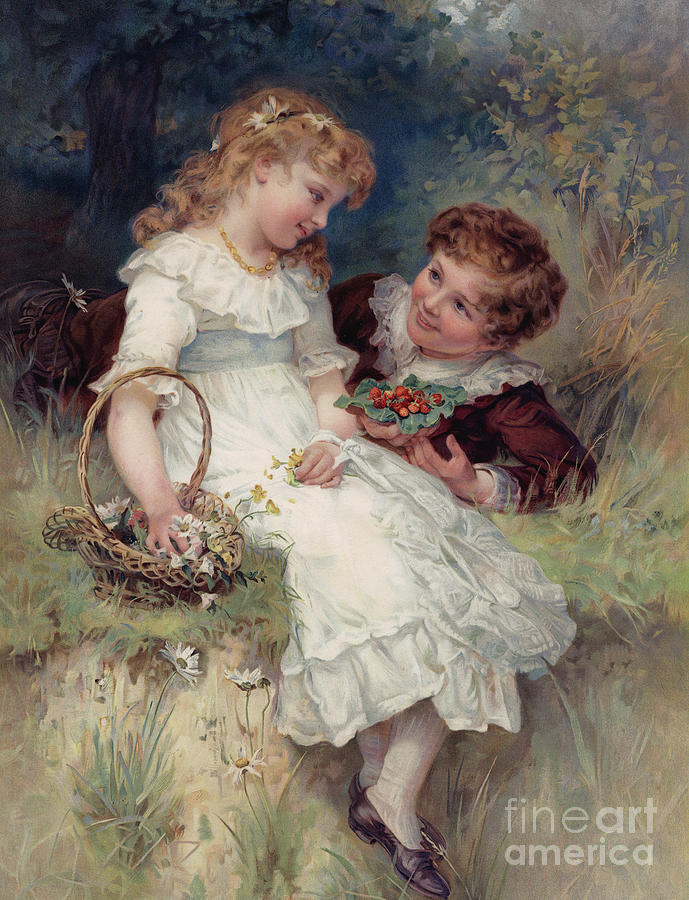Boy offering wild strawberries to his girl friend Drawing by English School
