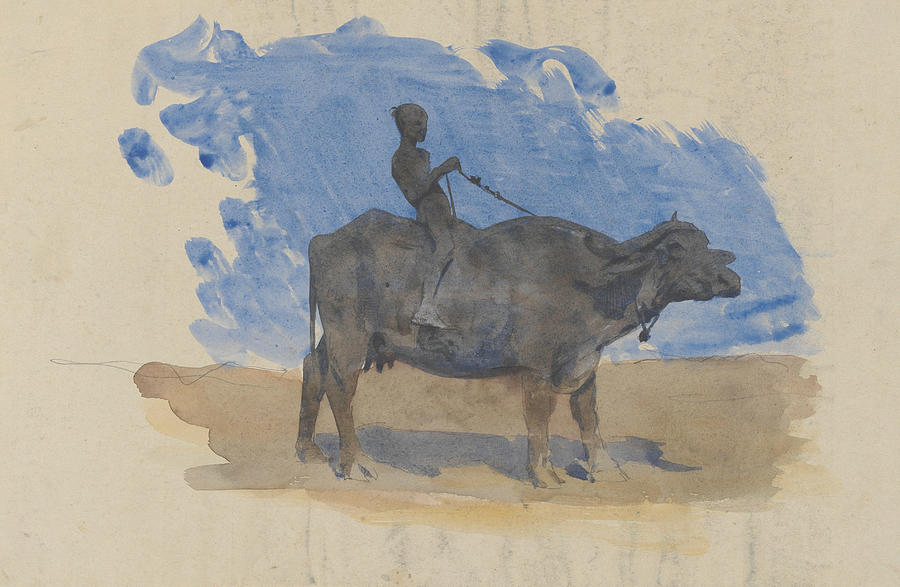 Boy on Water Buffalo Drawing by John Singer Sargent