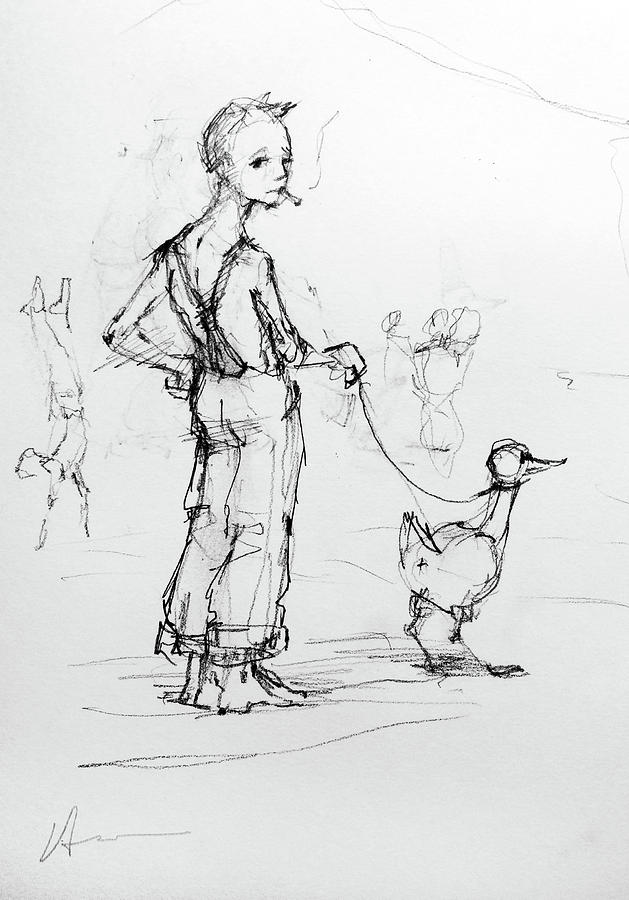 Boy Walking Goose Drawing by H James Hoff