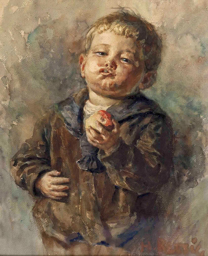 Boy with Apple Drawing by Heinrich Rettig