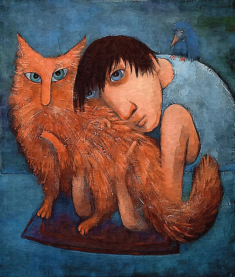 Boy With Red Furry Cat Digital Art by Scott Mendell