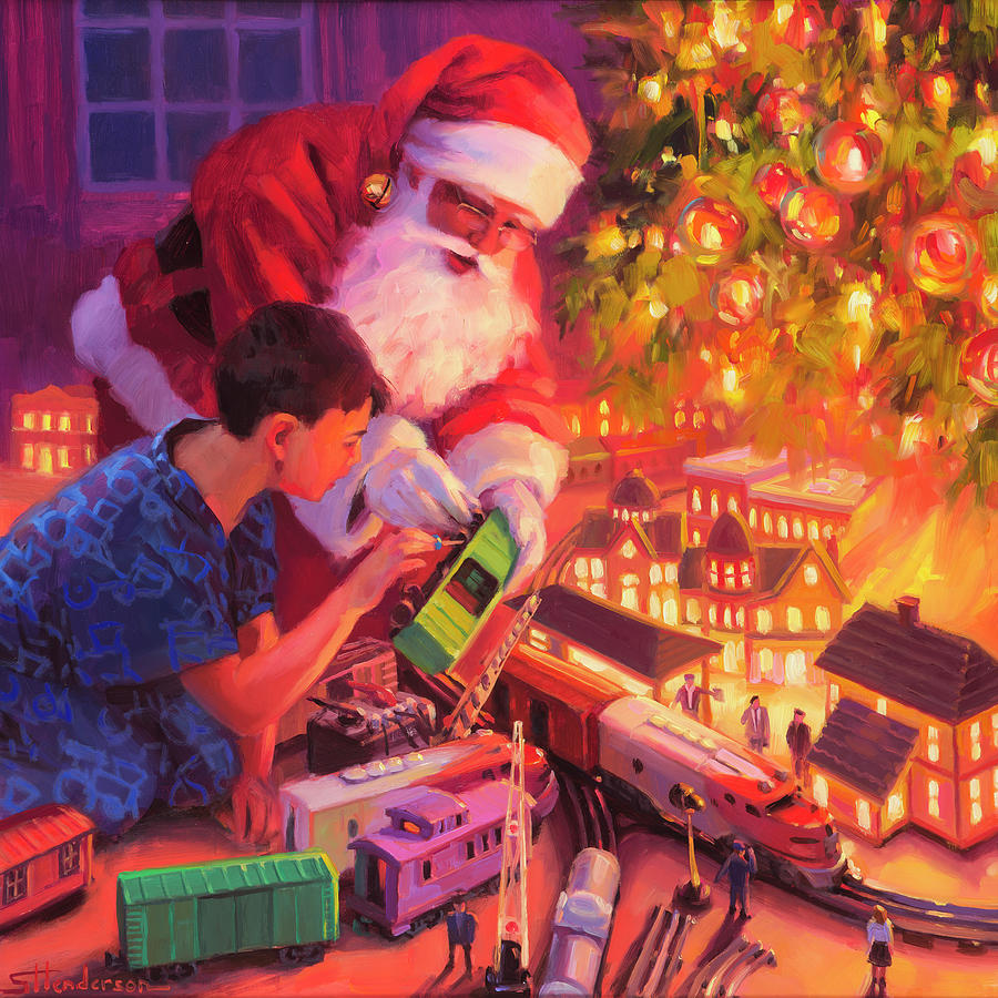 Santa Painting - Boys and Their Trains by Steve Henderson