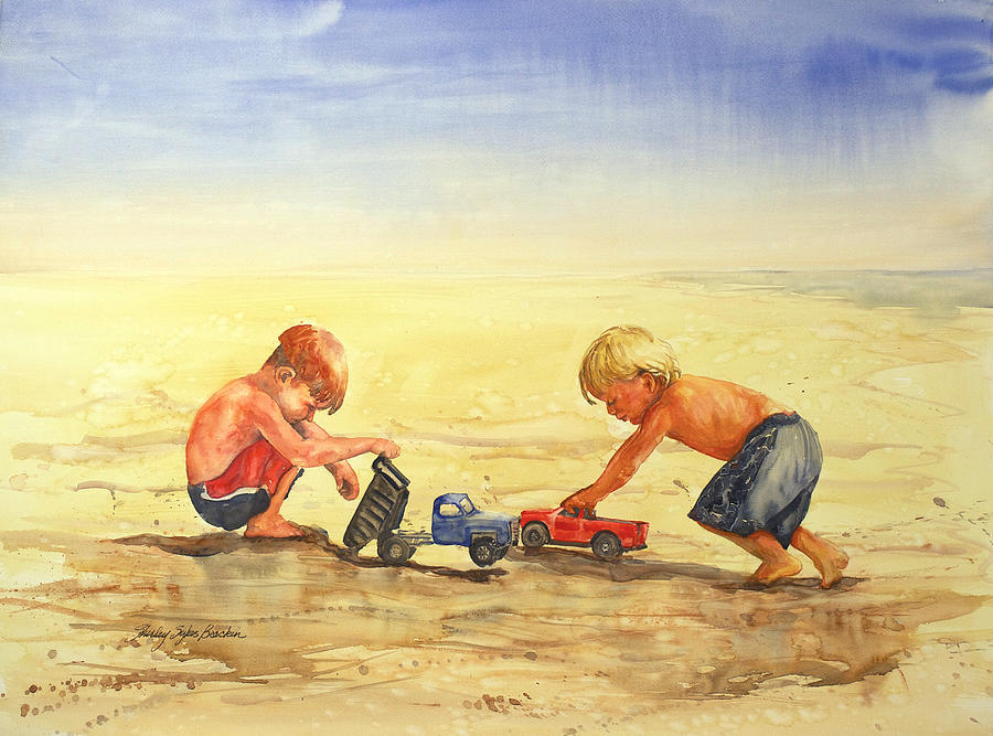 Boys and Trucks on the Beach Painting by Shirley Sykes Bracken