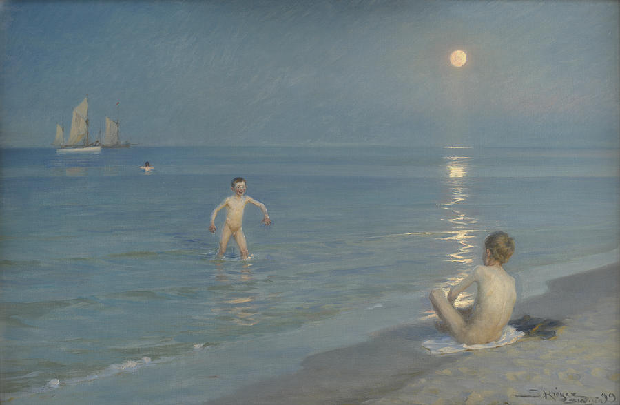 Boys bathing on a summer evening at Skagen Beach Painting by Movie Poster Prints