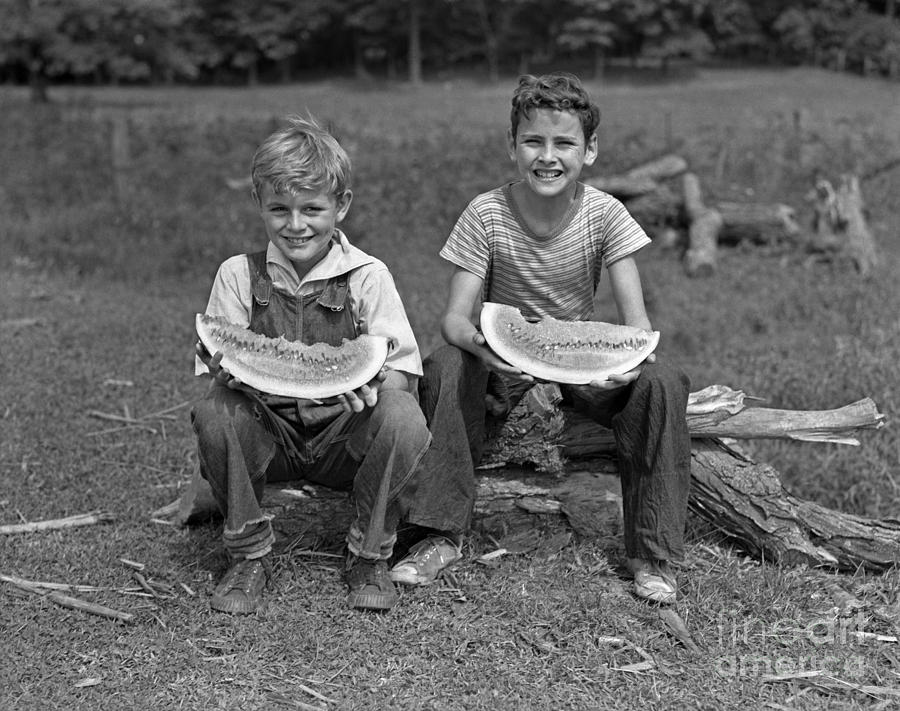 Boys Eating Watermelons, C.1940s Photograph by H. Armstrong Roberts/ClassicStock