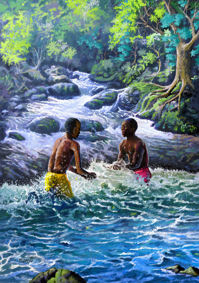 Boys in their element Painting by Anthony Mwangi