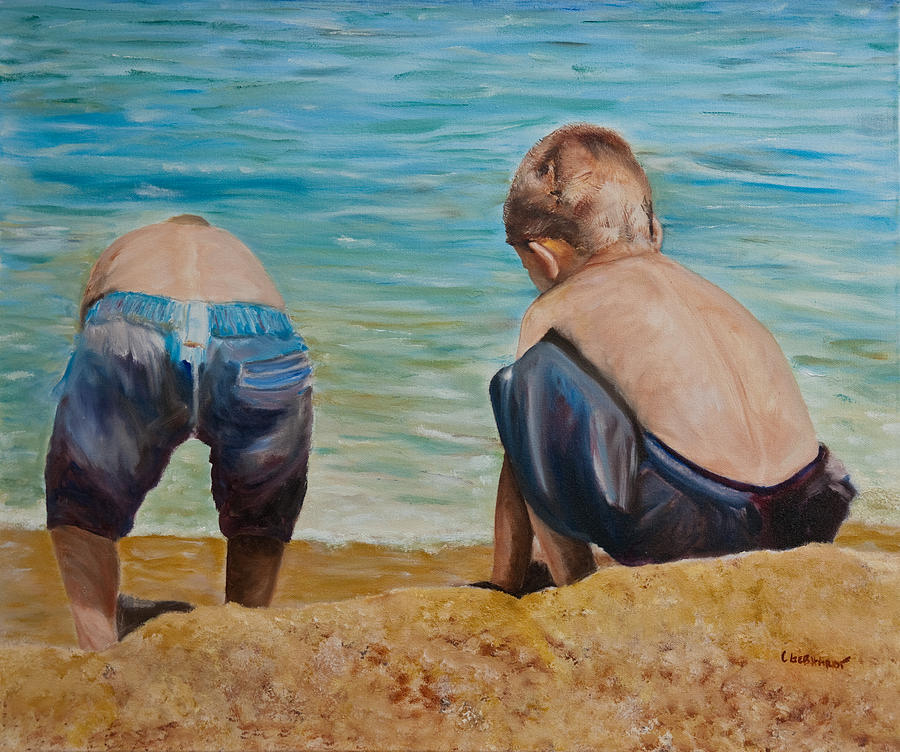Boys On A beach at Tahoe Painting by Chuck Gebhardt