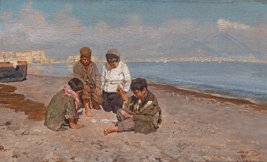 Boys Playing Cards in the Gulf of Naples Painting by Carmine Ciardiello