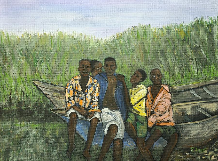 Boys Sitting on the Boat Uganda Painting by Reb Frost