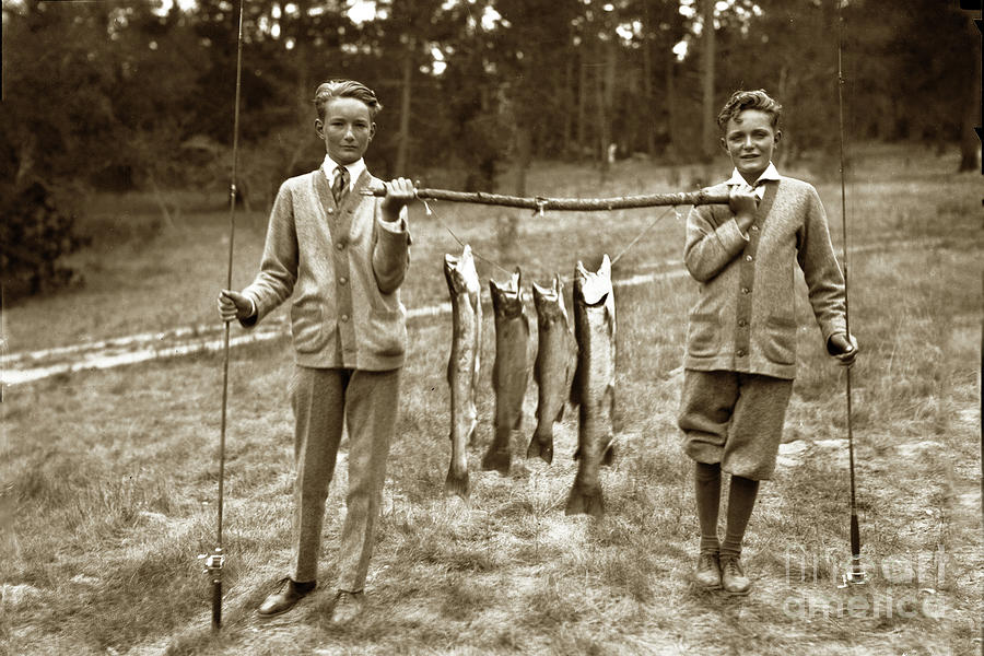 Sports Photograph - Boys with a line Carmel River Steelhead cought in the Carmel Riv by Monterey County Historical Society