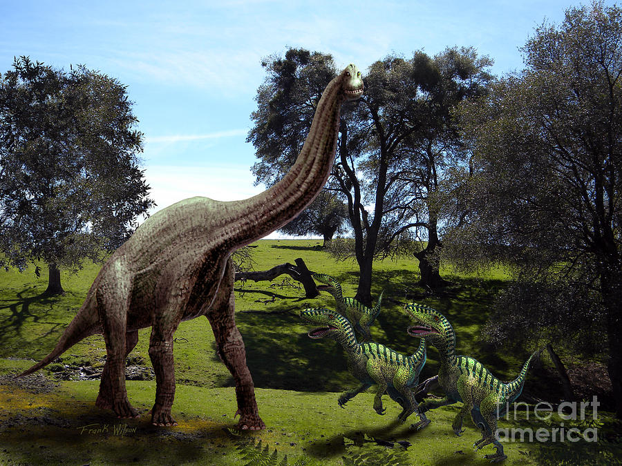 Brachiosaurus Attacked by Velociraptors Mixed Media by Frank Wilson