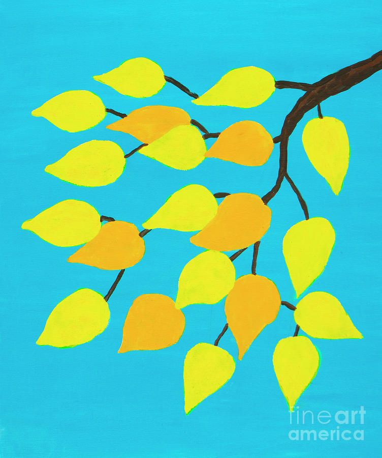 Branch with golden leaves on blue sky Painting by Irina Afonskaya