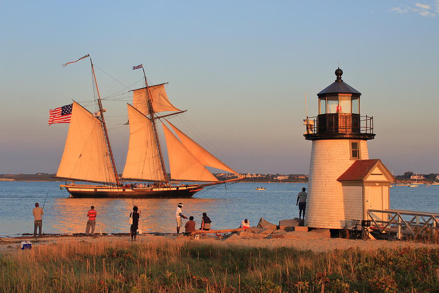 Brant Point Lighthouse and Tall Ship Nantucket Harbor Photograph by John Burk
