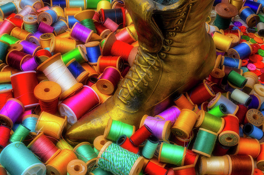 Brass Boot and Spools Of Thread Photograph by Garry Gay
