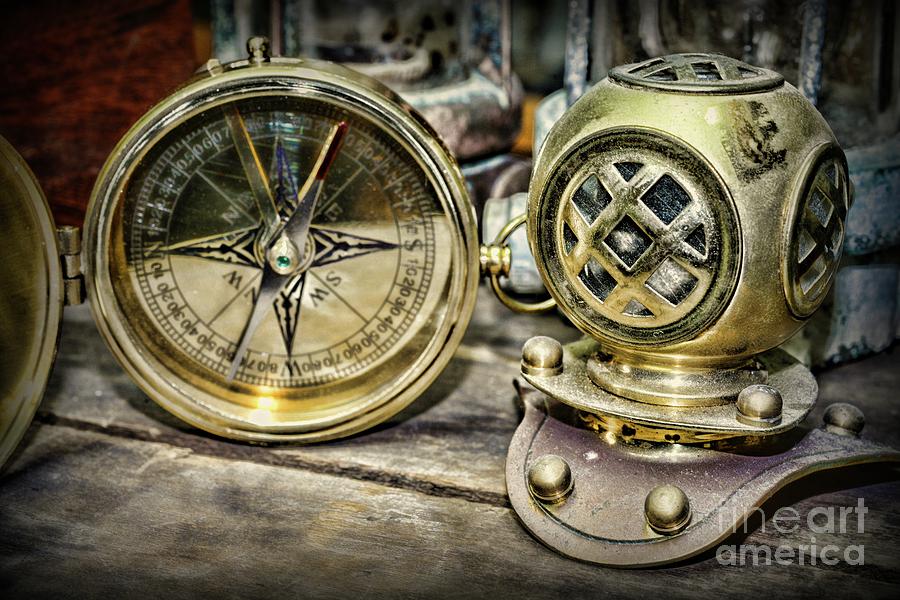 Brass Dive Helmet and Compass Photograph by Paul Ward
